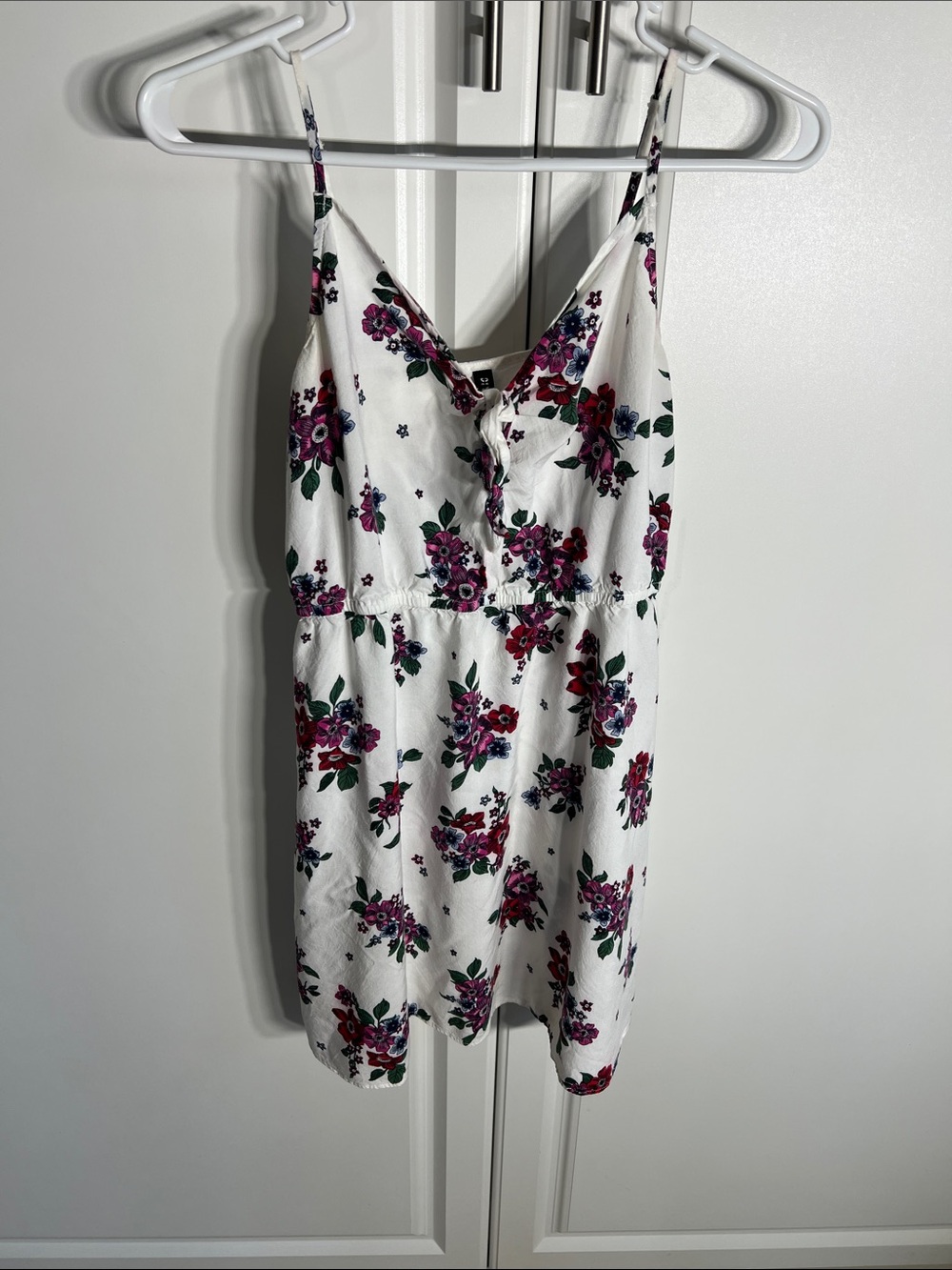 H&M Divided White Floral Spaghetti Strap Dress with Pink & Purple Blooms